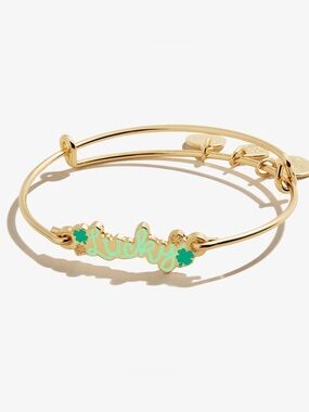New Alex and Ani Gold-Plated 'Lucky' Script Bangle with Green Enamel